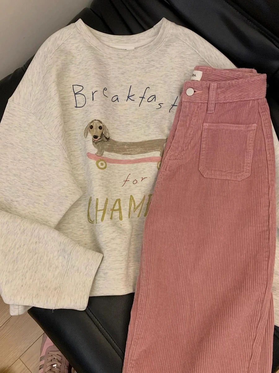 ReddaChic femmes automne hiver rose velours côtelé pantalon rétro jambe large pantalon dame décontracté taille haute solide pantalon rue Chic vêtements