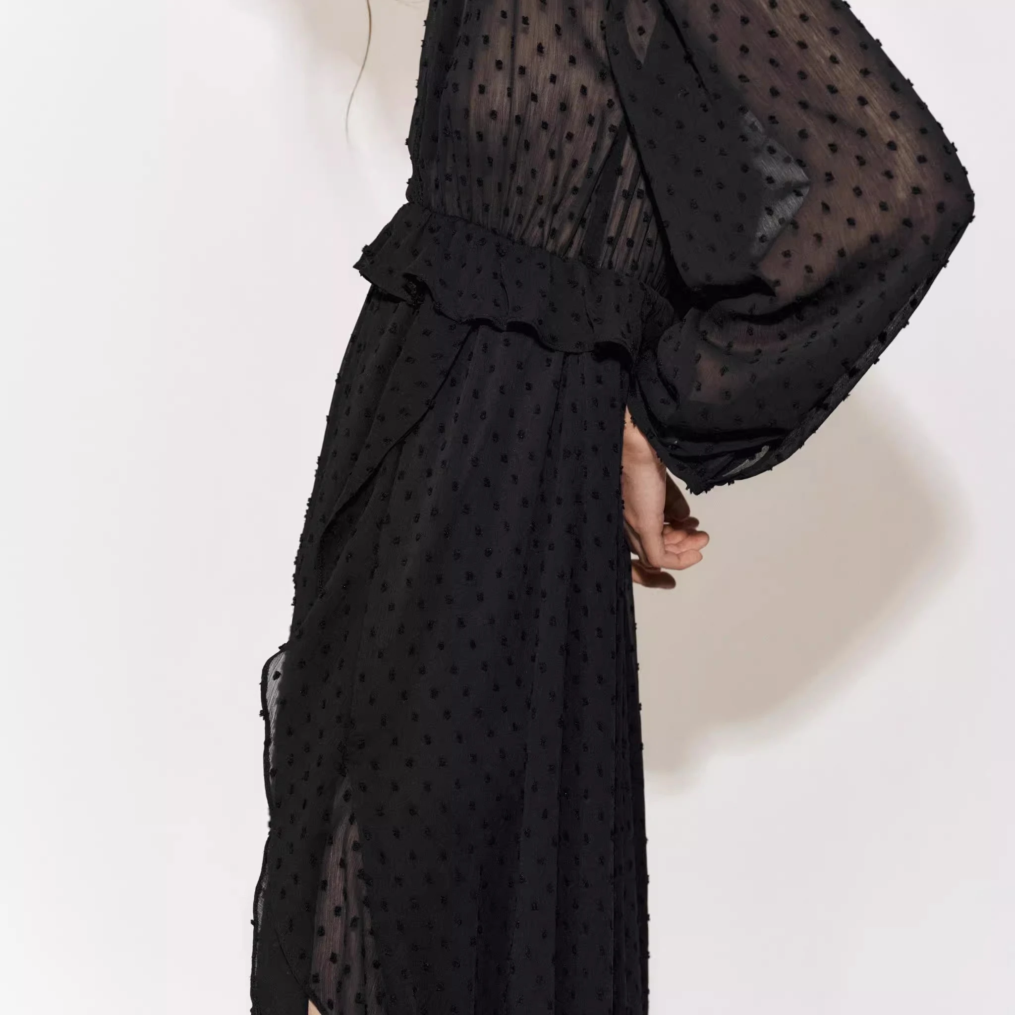 Novo Lançamento Primavera Verão Vestido F de Moda com Manga Longa e Decote em V, Decoração em Camadas, Saia A-Line de ...