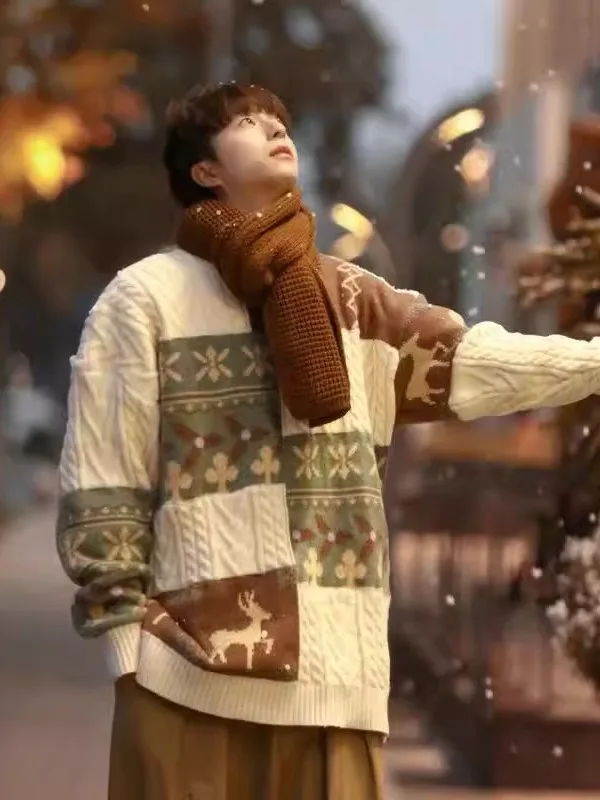 

Retro Thiened Fce Men's Knitted Sweater Loose Couple Warm Winter Autumn Casual round Ne Long Sve Sweater