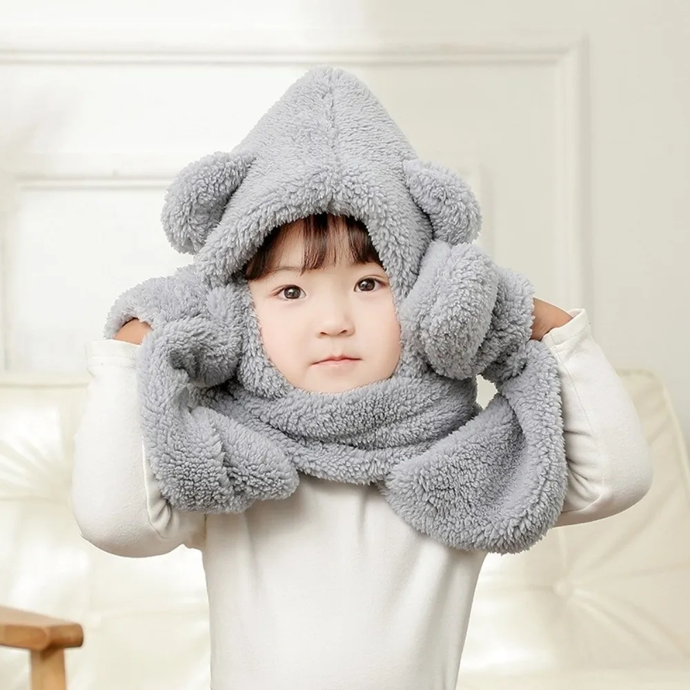 Conjunto de Gorro y Bufanda de Oso de Dibujos Animados Suave para Bebé, Pasamontañas de Forro Polar Cortavientos para Niños, Gorro Cálido Engrosado 3 en 1 para Niños