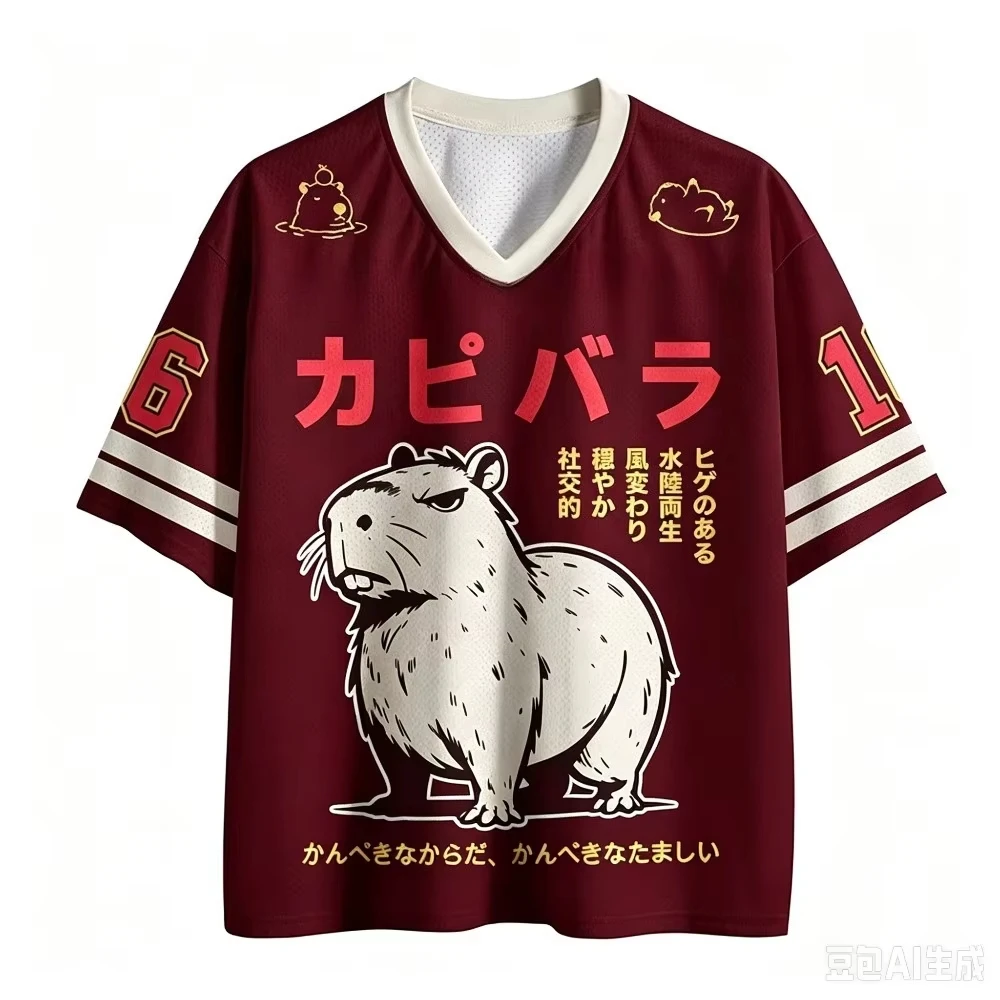 Capybara Japanese Text Graphic Mesh Jersey V Neck Short Sleeve Loose Unisex Y2K Streetwear Hip Hop Sports Tee For Men Women