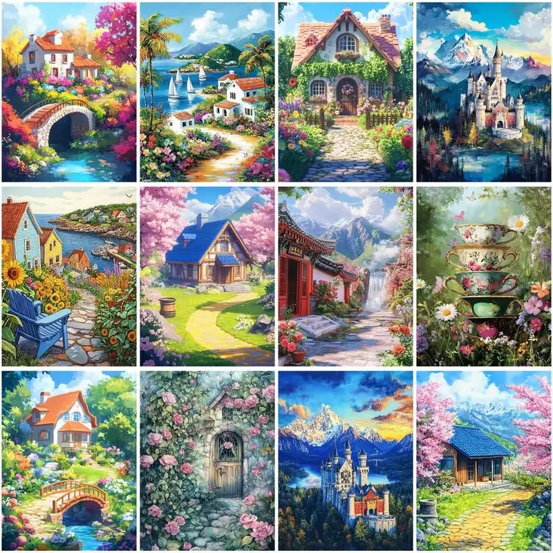 CHENISTORY DIY Pictures By Number House Scenery Kits HandPainted Paintings Gift Painting By Numbers Drawing On Canvas Home Decor