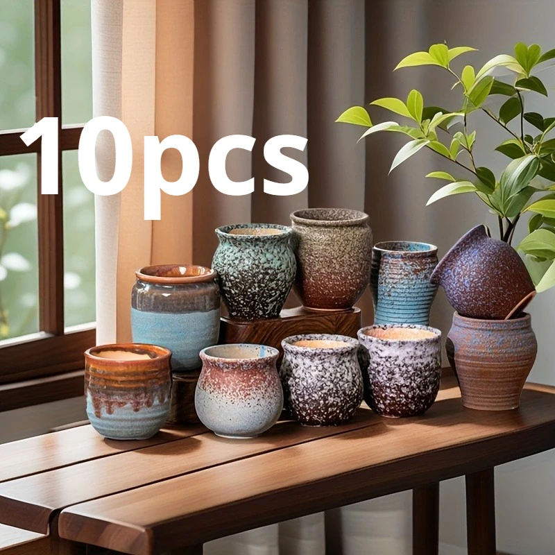 Lot de 10 pots de fleurs en céramique rétro de couleur aléatoire, boîte mystère, pots irréguliers pour plantes succulentes, pots créatifs pour herbes, décoration artistique pour la maison et le jardin