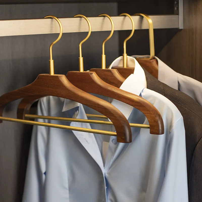 Premium Brass Hanger for Hotel Wide Shoulder Coat Rack Non Slip Black Walnut Suit Holder for Adults Rustic Wardrobe Organizer