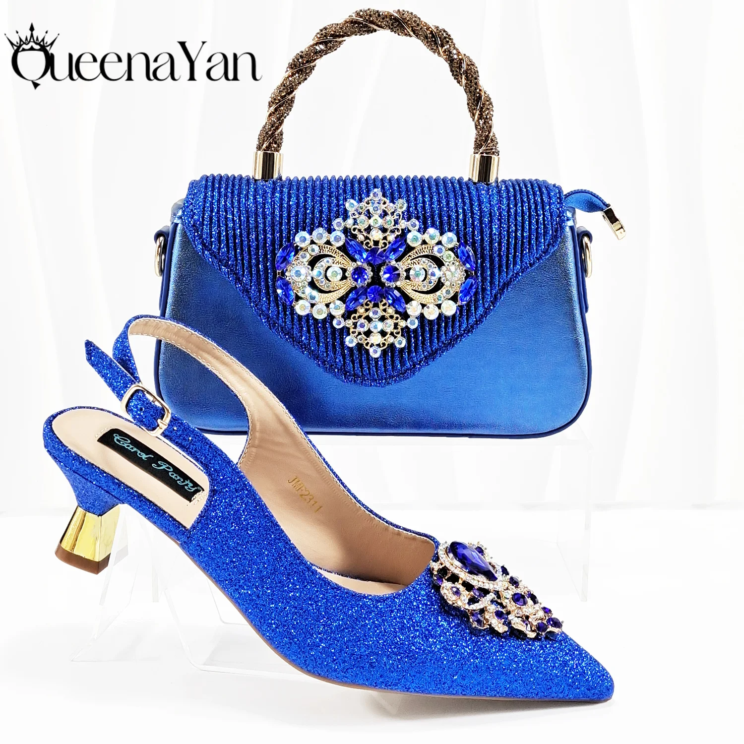 

New Arrival Elegant Noble Royal Blue Color Party Wedding Pointed Toe High Heel Women Shoes and Bag Set Decorated With Rhinestone