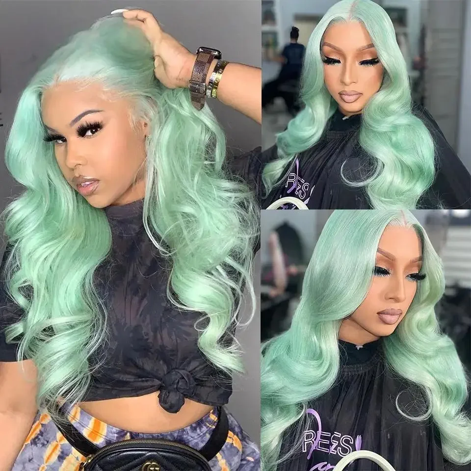 Mint Green Lace Front Human Hair Wigs For Women  613 Colored Lace Front Wig Pre Plucked 180% Wigs Human Hair 100% Cosplay ﻿