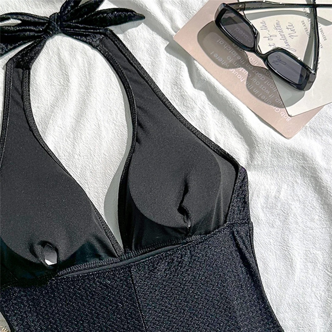 V-Ausschnitt, Neckholder, geraffter Einteiler-Badeanzug, Damen-Bademode, rückenfreier Monokini, hoher Beinausschnitt, Badeanzug, Badebekleidung, V7568 – Detail 22