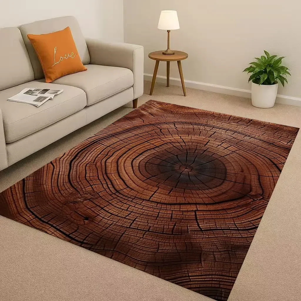 Rug with wood grain pattern in a living room setting