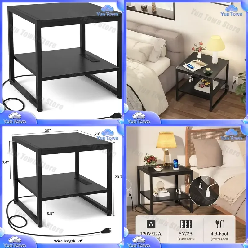 End Table with Charging Station for Home Office Bedroom Living Room 20 Inch Square Side Table with USB Ports Power Outlets