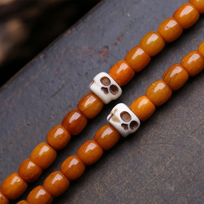 Hand-Held 108-Bead Buddhist Prayer With Yak Beads, Deer Antler, Katsura, Three-Way Connector, Bone
