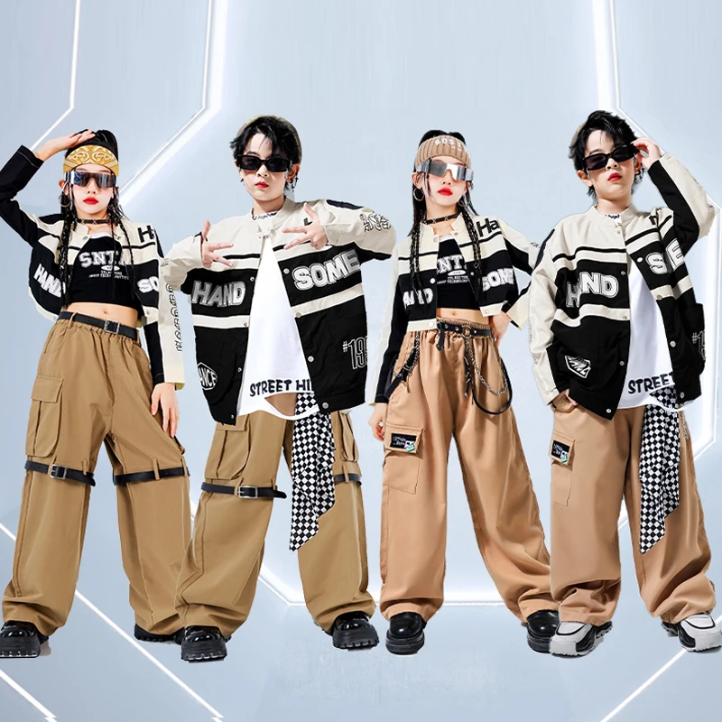 Costume de danse jazz pour enfants, vêtements de danse de rue pour garçons et filles, tenue de scène Kpop, veste cool, pantalon cargo ingent, pantalon Shuffle, mode 1047