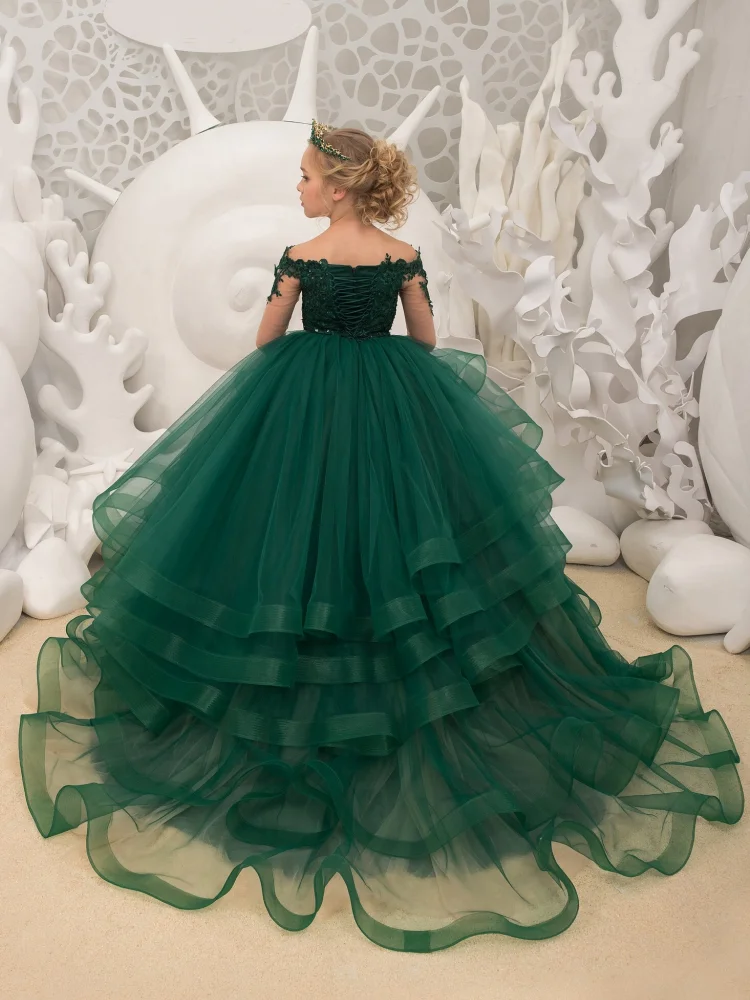 Customized Flower Girl Dresses Green Tulle Puffy Appliques Pattern Tiered Long Sleeve For Wedding Birthday Banquet Princess Gown