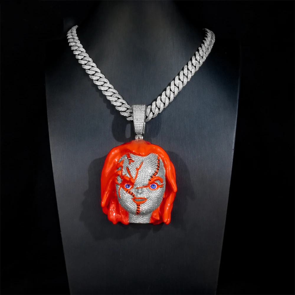 Anztilam Red Hair Baby Iced Out Pendant Necklace with Long Link Rope Chain Necklaces for Women Men Brass Zircon Hip Hop Jerelry