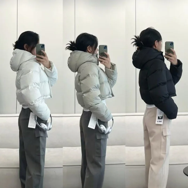 Lulu Original Label Wunder Puff Kurze Pufferjacke für Damen, abnehmbare Kapuze, lange Ärmel, bequem, lässig, Baumwollsamt