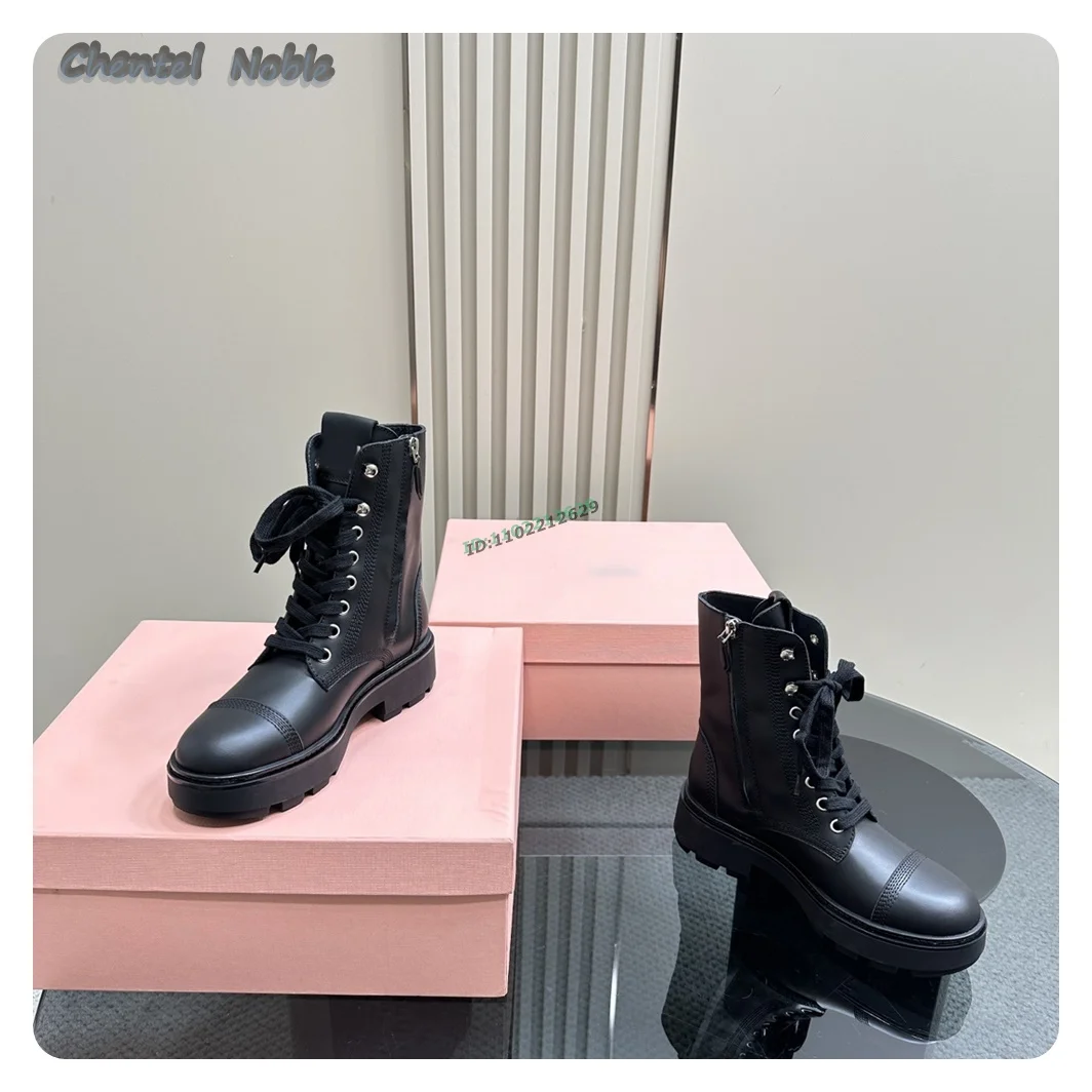 Black Leather Lace-up Side Zipper Ankle Boots For Women Flats Round Toe Casual Platform Shoes Autumn Winter 2024 New Arrivals