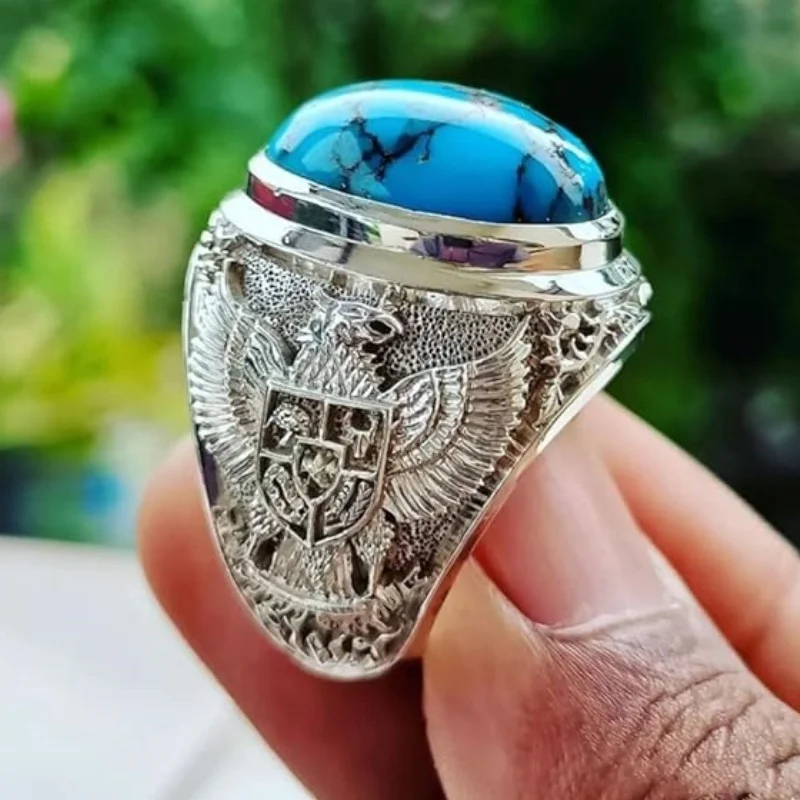 Turkish Handmade Men Vintage Big Turquoise Double Eagle National Emblem Pattern Rings For Men Classic Religion Christian Jewelry