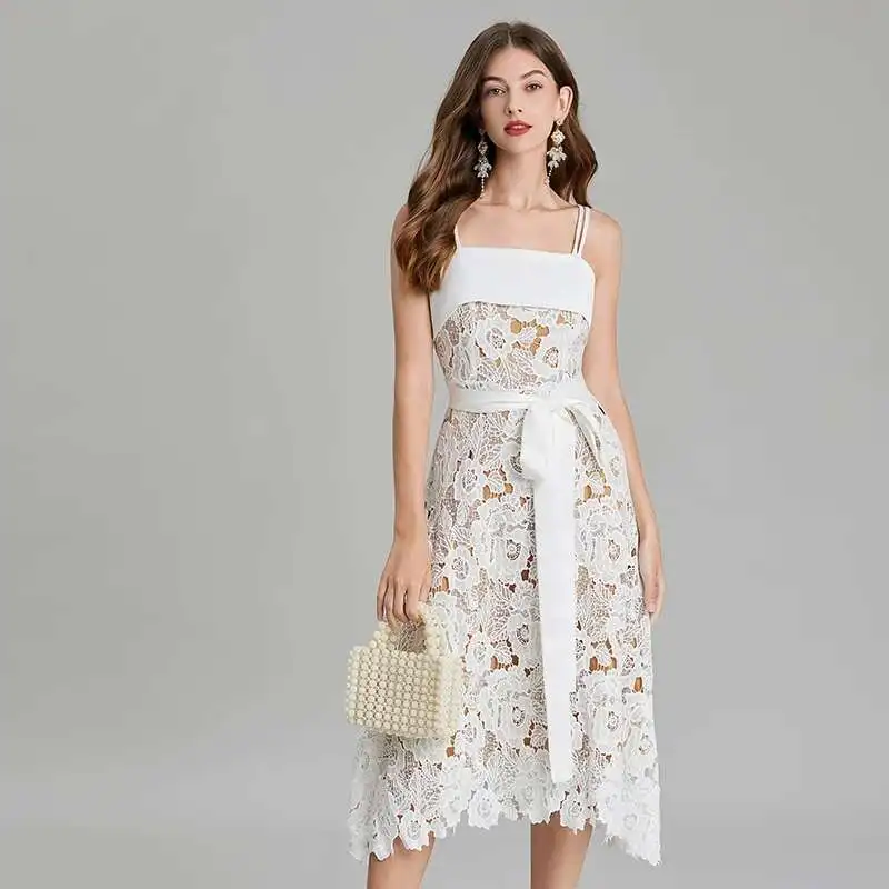 Summer Holiday Sundress Straps Sexy Backless Flower Embroidery White Lace Dress Women A Line Party Wedding Vestidos