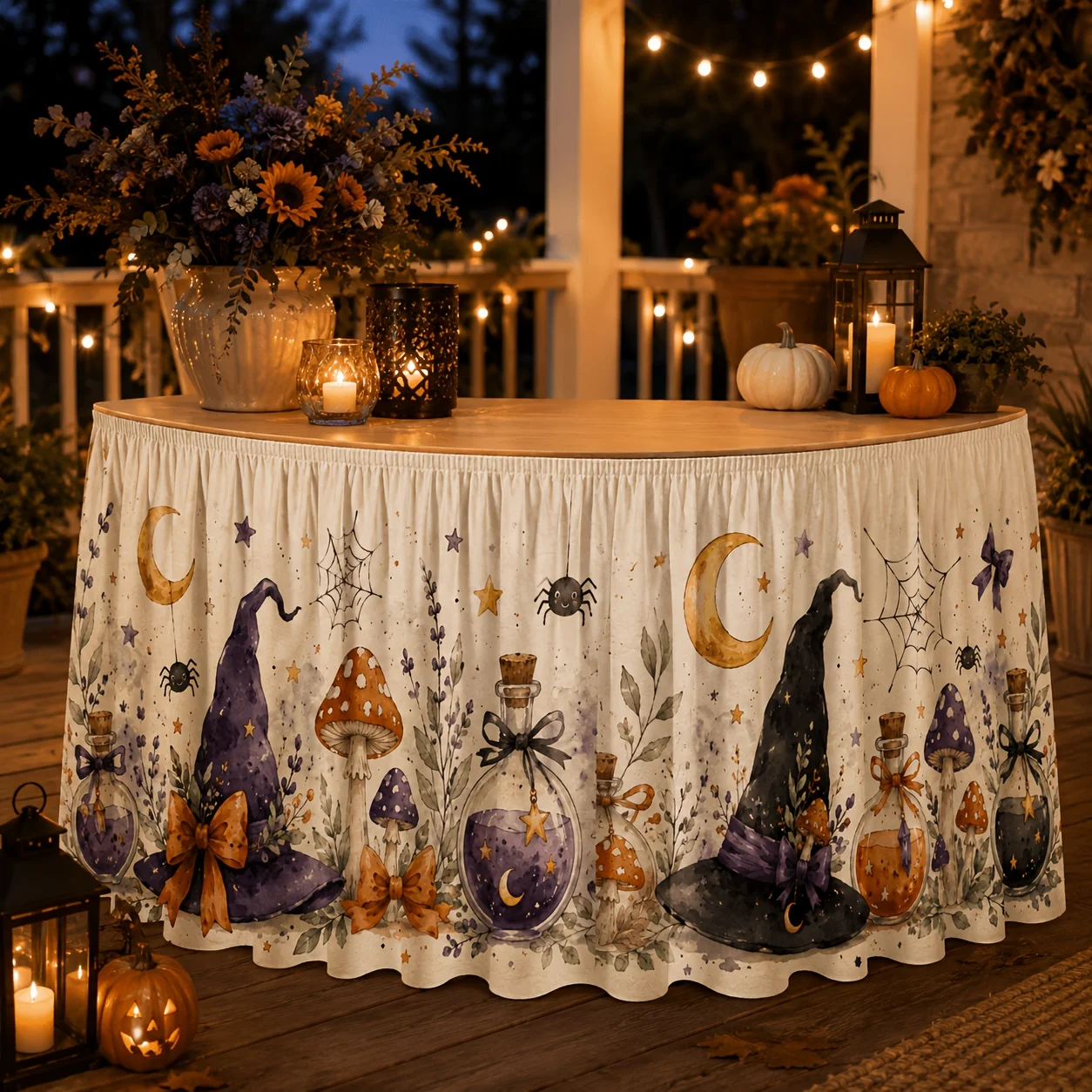 One table skirt, watercolor witch hat, medicine bottle, mushroom, spider, Halloween purple and orange magic crescent moonxzj