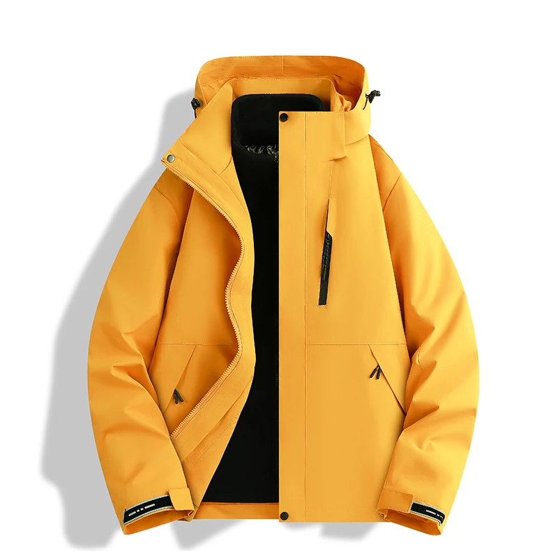 Men 3-in-1 Detachable Fleece Windbreaker Hooded Outdoor Hiking Jacket Windproof Water Resistant Coat