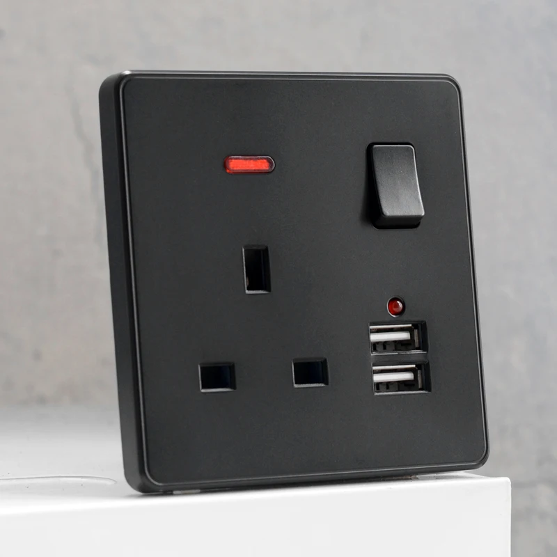 Wall Light Switch Black Plastic 146 Type UK Standard Single Double Wall Outlet 3A Dual USB Ports LED Indicator Malta Singapore