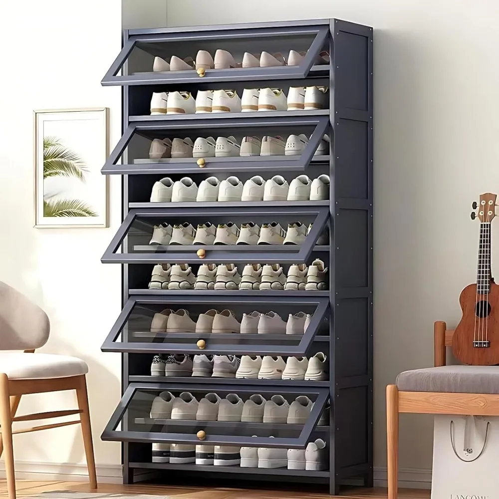 Gabinete de almacenamiento de zapatos de bambú con puertas abatibles, organizador de zapatero alto, gabinete de zapatos independiente de 10 niveles, entrada de 40-45 pares