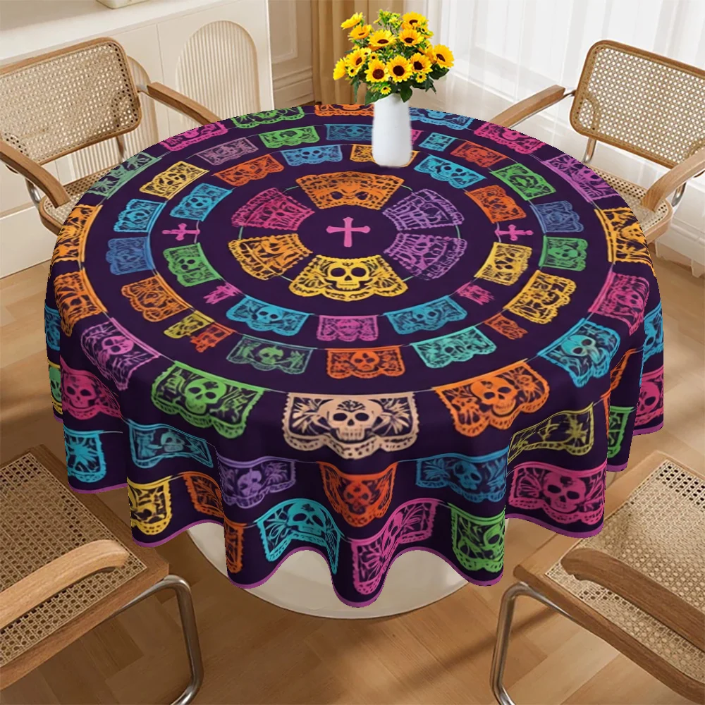 One tablecloth with Halloween theme, featuring colorful skull prints.