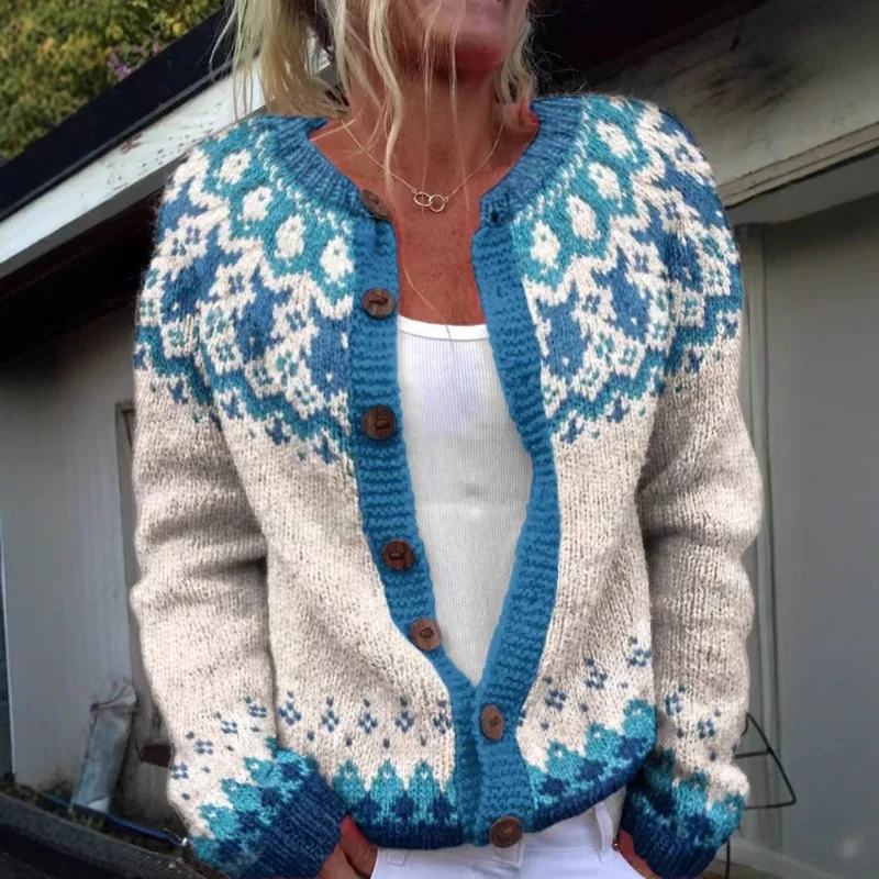 Women's Boho Jacquard Knit Cardigan Autumn Geometric Pattern Button-Up Sweater Winter Warm Slim Outerwear Sweaters