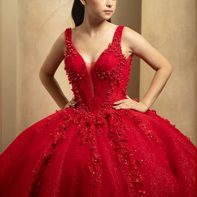 Personalizado brilhante vermelho quinceanera vestidos fora do ombro applique beadwork flor tull cauda longa vestido 15 quinceanera