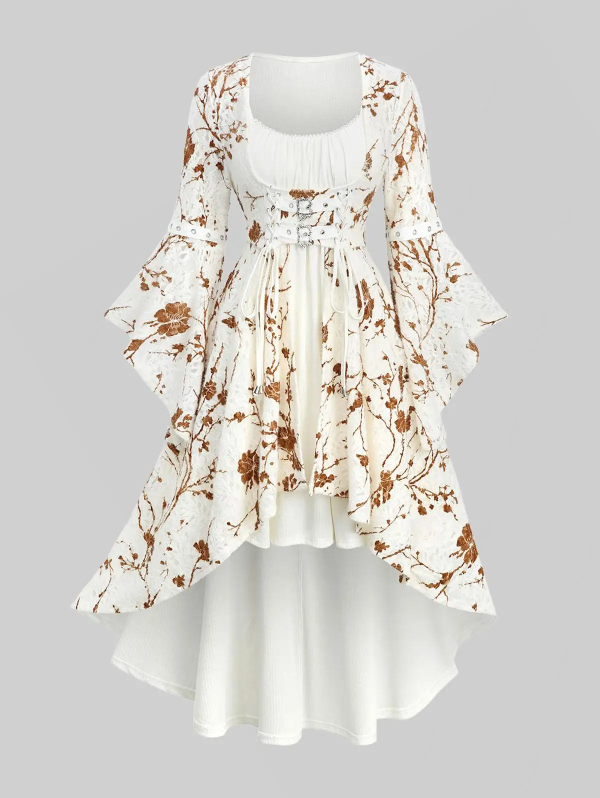 

Платье ROSEGAL больших размеров с асимметричным подолом, женское, осень 2026, повседневное, с цветочным принтом, кружевными вставками, сборками, пряжкой и расклешенными рукавами на шнуровке