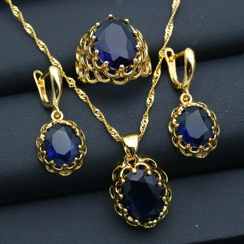 For Women Blue Crystal Gold Jewelry sets  wedding earring pendant necklace ring Best Gift