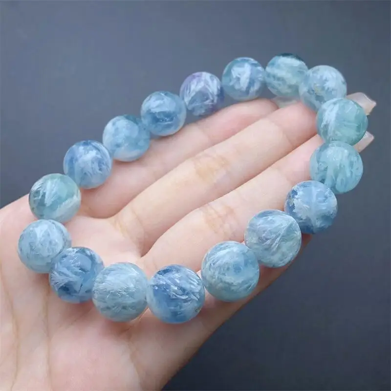 12MM Natural Feather Fluorite Quartz Bracelet Reiki Healing Energy Crystal Stretch Bracelet Couple Jewelry Gift 1PCS