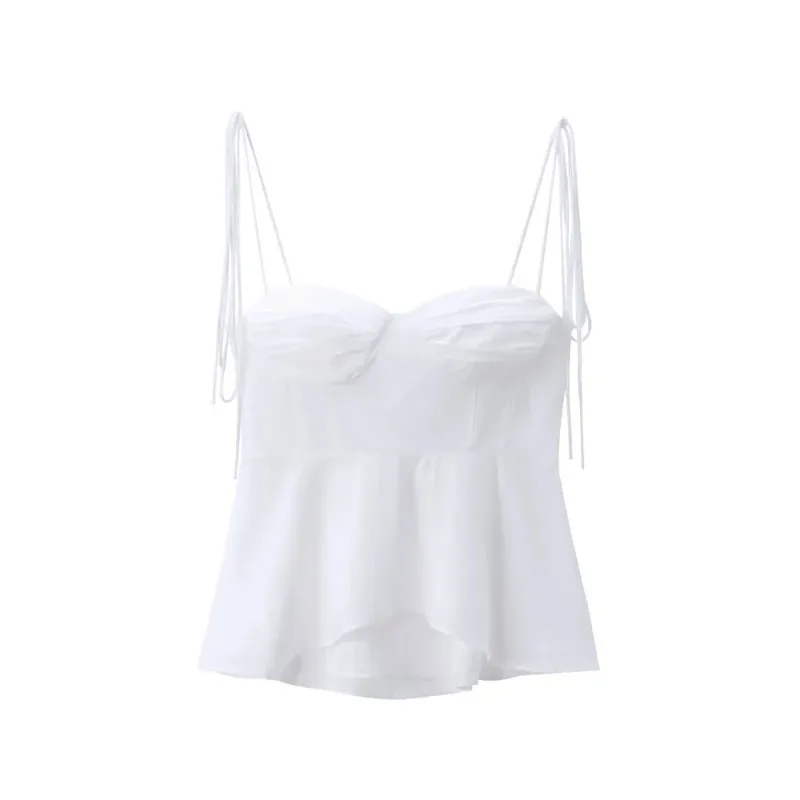 White Smocked Strappy Camisole Women Sexy Sleeveless Ruffle Slim Fit Solid Color Y2K Streetwear Top for Trendy Fashion