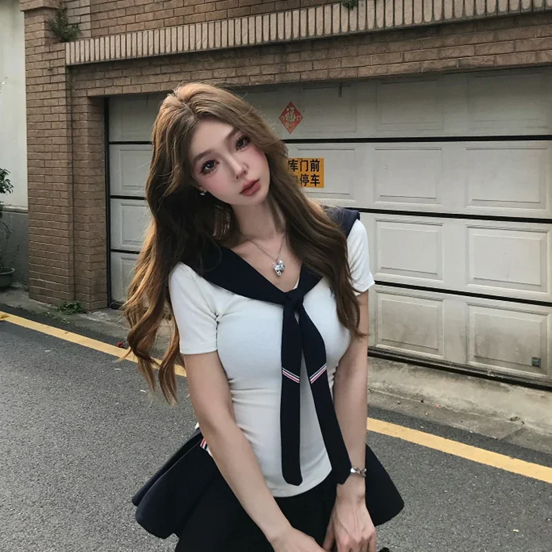 Preppy Stijl Vrouwen T-shirt Zomer Koreaanse Slim Fit Splicing Korte Mouw Top Fashion Harajuku Japanse Sjaal Tees Vrouwelijke Nieuwe