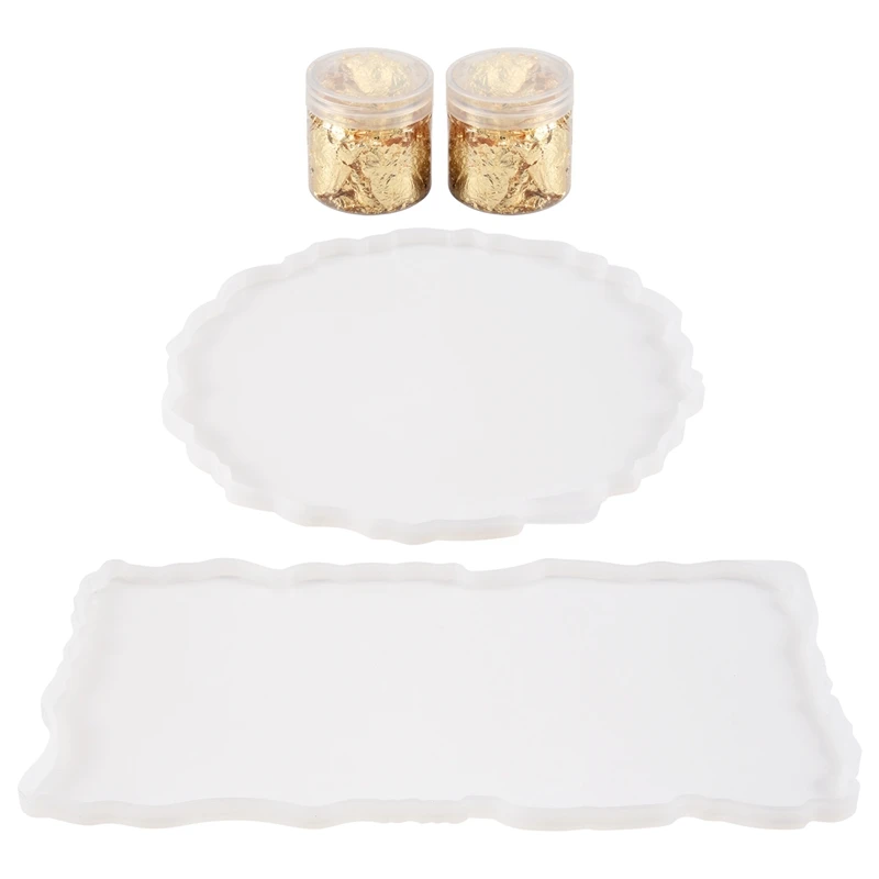 DT38 2 Pieces Tray Silicone Mold Kit Irregular Epoxy Resin Tray Molds for DIY Crafts (Rectangle+Round)