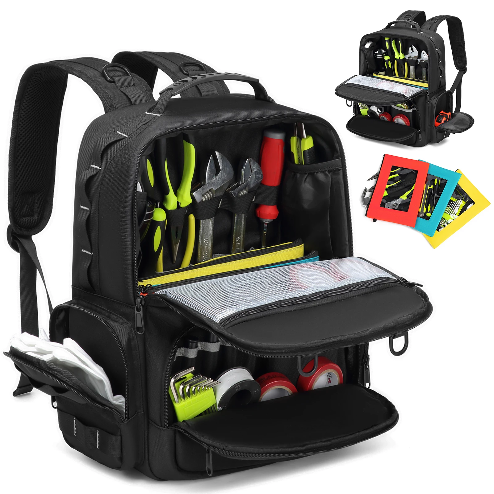 DGEVTool Backpack Heavy Duty for Men Tool Storage With 3 Tool Pouches Organizer Electrician Plumber Maintenance Worker Tool Bags