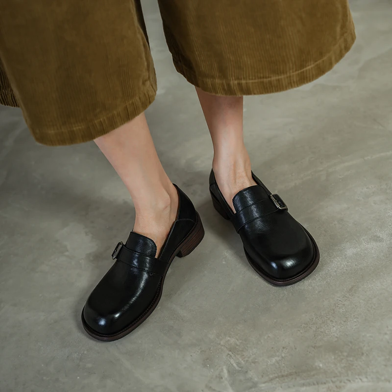 2026 new spring autumn women pumps natural leather 22-25cm washed cowhide+sheepskin+pigskin round toe women shoes buckle loafers
