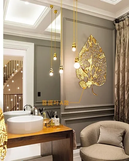 New Chinese Style Light Luxury Gold Zen Bodhi Leaf Iron Wrought Wall Decoration, Creative Living Room Entryway Ornament