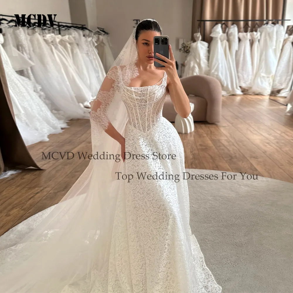 MCDV الدانتيل زين ألف خط فساتين الزفاف السباغيتي حزام فستان زفاف ساحة طوق بوهو اللؤلؤ فستان الزفاف مخصص 2026