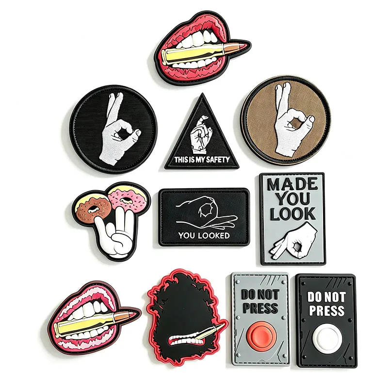 Tactical Patch Funny Hand Gesture Bullet Mouth Morale Badge PVC Rubber & Embroidered Applique Hook Loop for Backpack Vest Hat