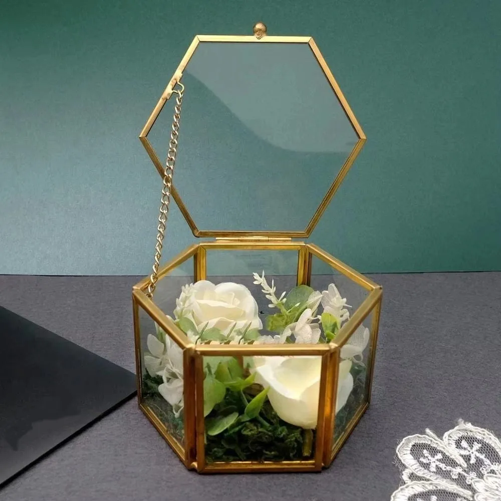 Gold Hexagonal Ring Box Hexagon Geometric Luxurious Jewelry Accessory Box Glass Retro Jewelry Storage Box Jewelry Organizer