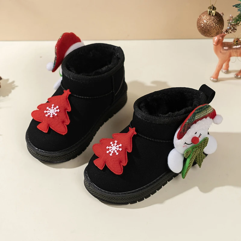 

2025 Winter New Kids Short Boots Christmas Gift Children Snow Boots with Thick Warm Fur Boys Girls Ankle Boots Round Toes Soft