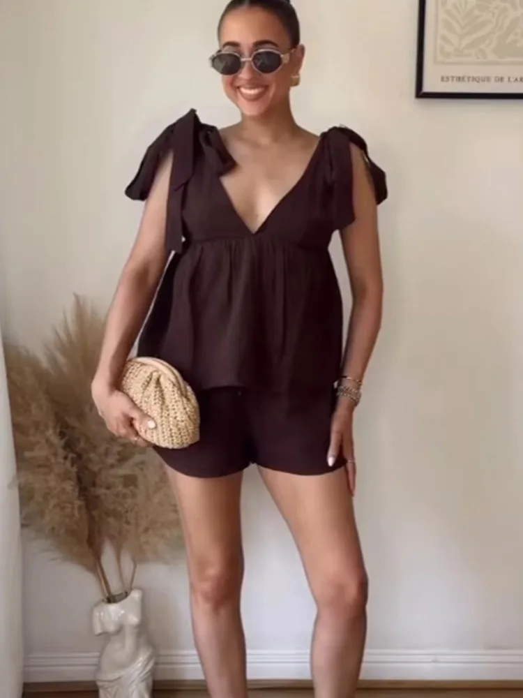 

HH женский однотонный костюм с свободным бантом и v-образным вырезом, топ без рукавов с открытой спиной + летний мини-шорты с эластичной резинкой на талии и боковыми карманами