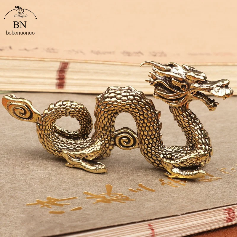 Solid Brass Zodiac Dragon Small Statue Desktop Ornament Chinese Mythical Beast Figurines Retro Home Feng Shui Decorations Crafts