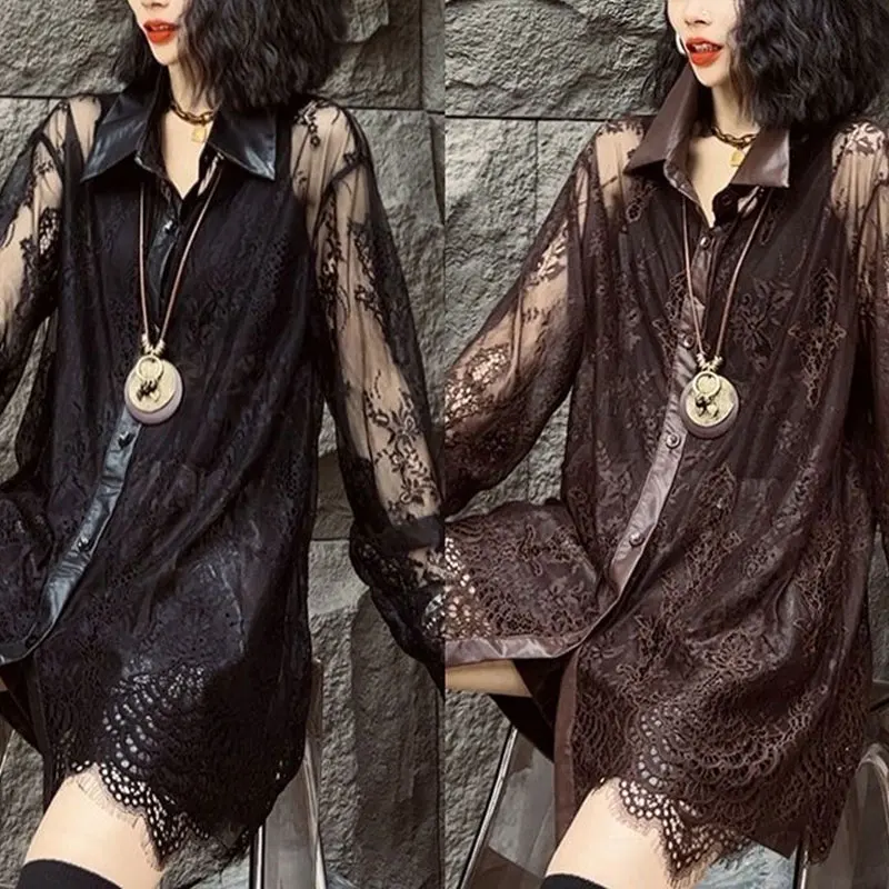 Fashion Sexy Lace Hollow Out Shirt Female Clothing Turn-down Collar Spliced Spring Autumn Commute Single-breasted Loose Blouse