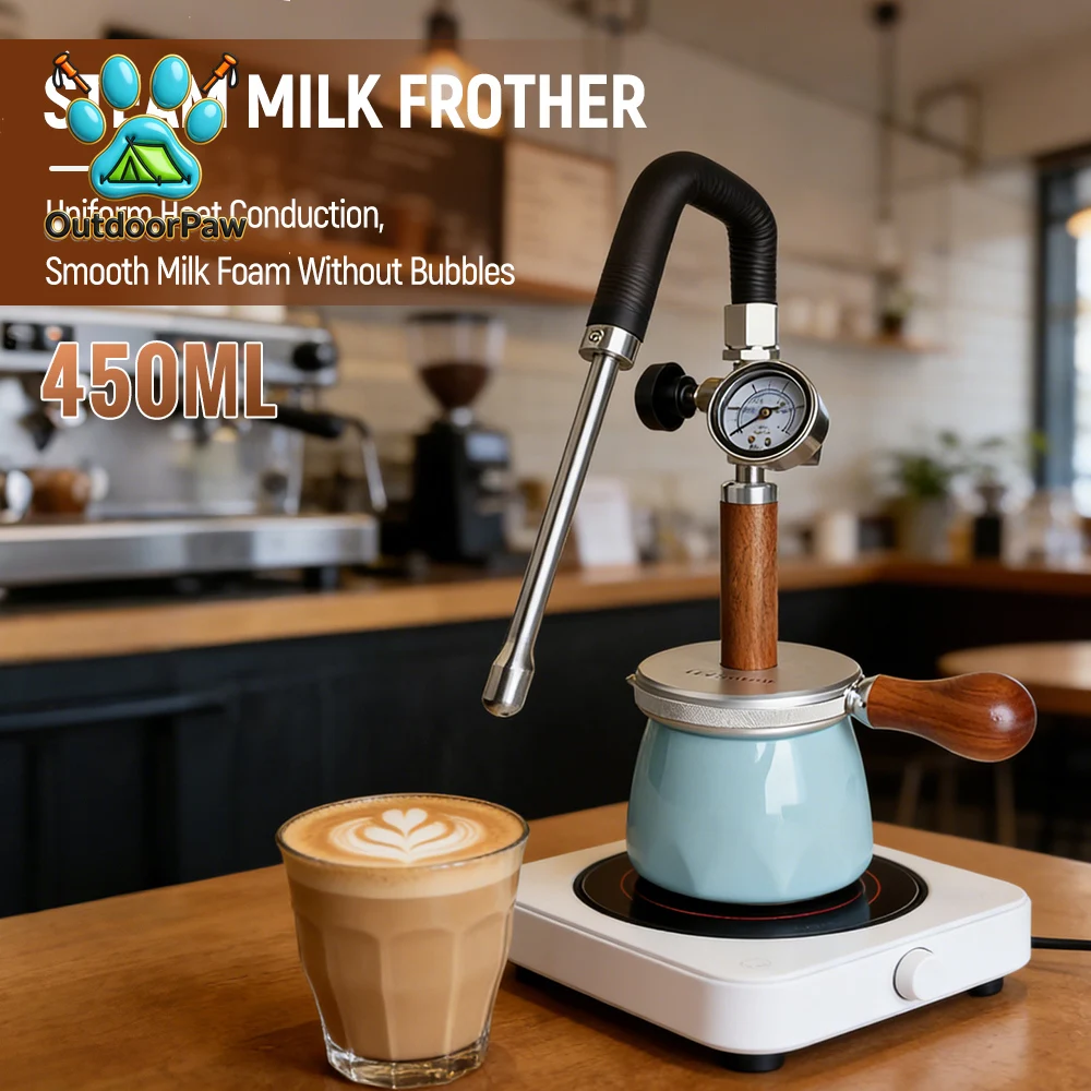 Portable Pneumatic Milk Frother 450ml 4Bar Coffee Foam Maker Manual Milk Steamer with Gauge for Home Camping & Bar Use