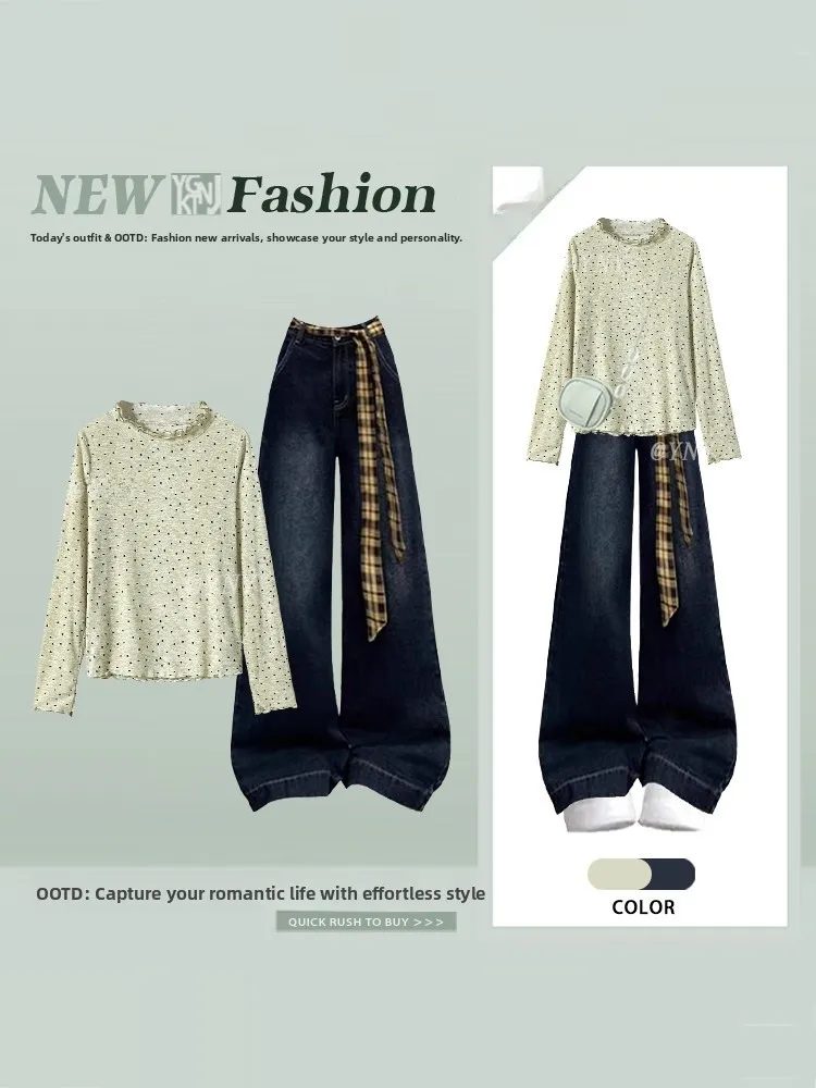 

Spring een Long Sve round Ne T-irt High Waist Wide Leg Jeans Floral Trim Two Piece Set Women's Gentle Wave Faion