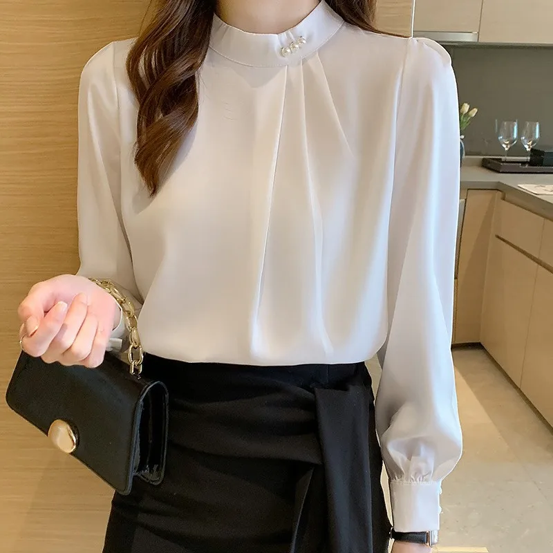 Camicia base con perline alla moda a maniche lunghe da donna 2025 Camicia in chiffon di nicchia primaverile e autunnale