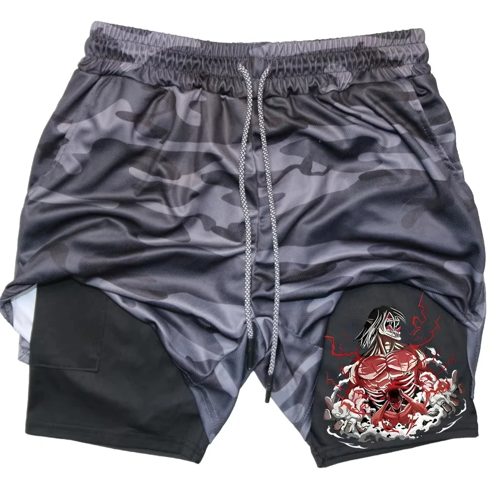 Anime Gym Shorts Men Fitness Gothic Manga 2 in 1 Performance Shorts Mesh Quick Dry Athletics Short Pants Summer Training Male