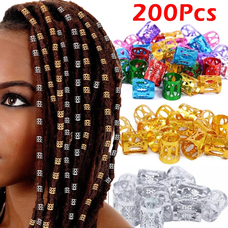 100/200Pcs Tube Beads Golden Silver Rings For Braids Jewelry Ring Dread Dreadlock Beads Adjustable Braid Cuffs Hollow Hair Beads