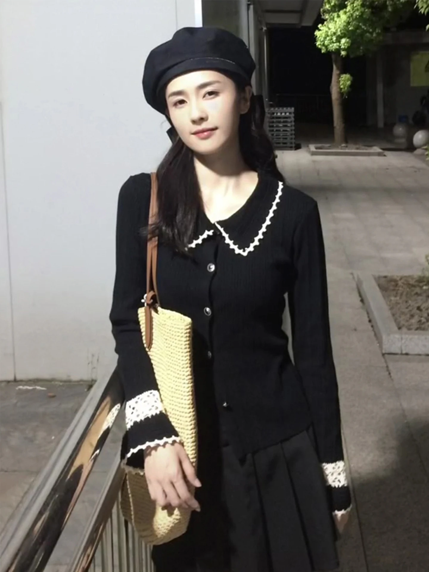 

Knitted Sweater Top Bla Inner Wear Celebri Doll Collar Long Sve Soft Cotton Blend Comfortable Spring Faion